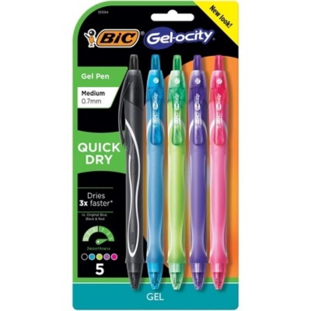 BIC Gelo-city Quick Dry Retractable Stylo Gel Pen Medium 0.7mm 5 ct